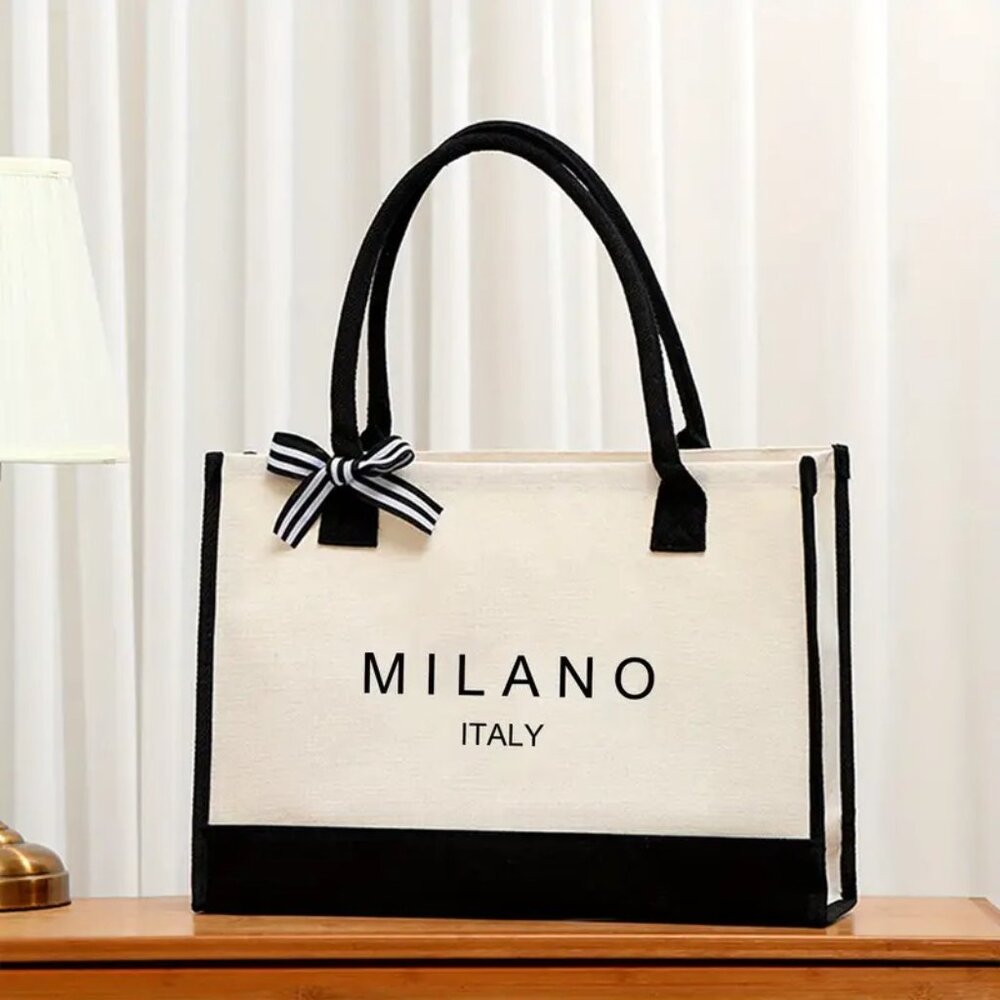 ๐Milano Italy Print Canvas Tote Bag w/ Bow Capacity, Waterproof - Picture 2 of 8